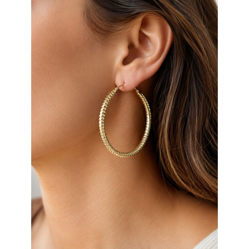 Vintage Gold Hoop Earrings Textured Twisted 1.5 Inch Everyday Statement Hoops